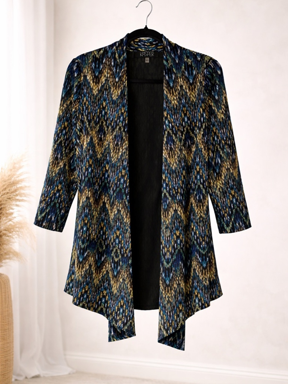 Kasper Open Front Cardigan Blazer Blue Ikat Print Size Small